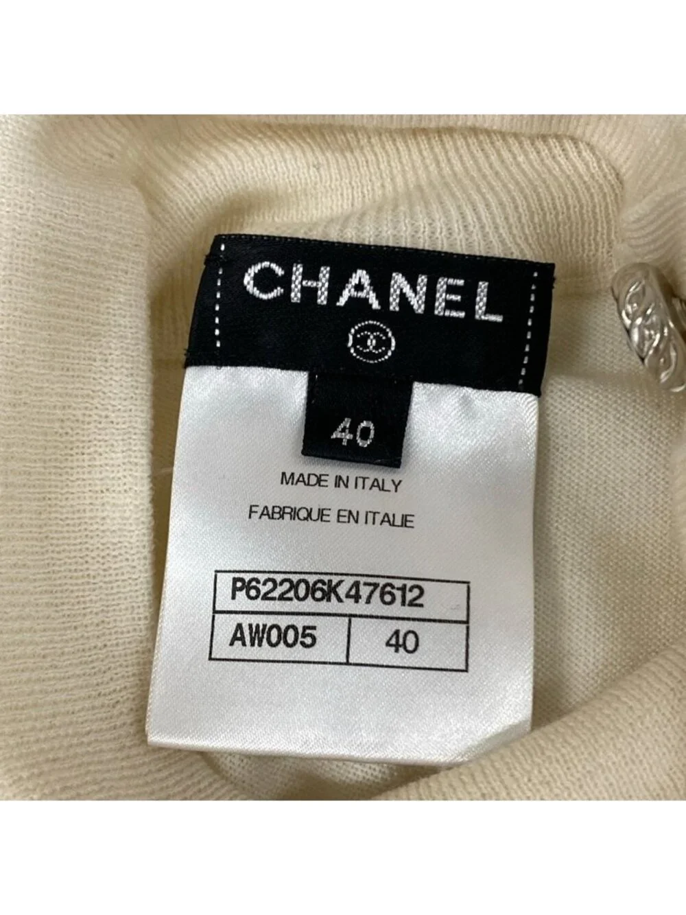 Chanel 3/4 Sleeve Sweater 40 M Ivory High Neck Coco Button Wool